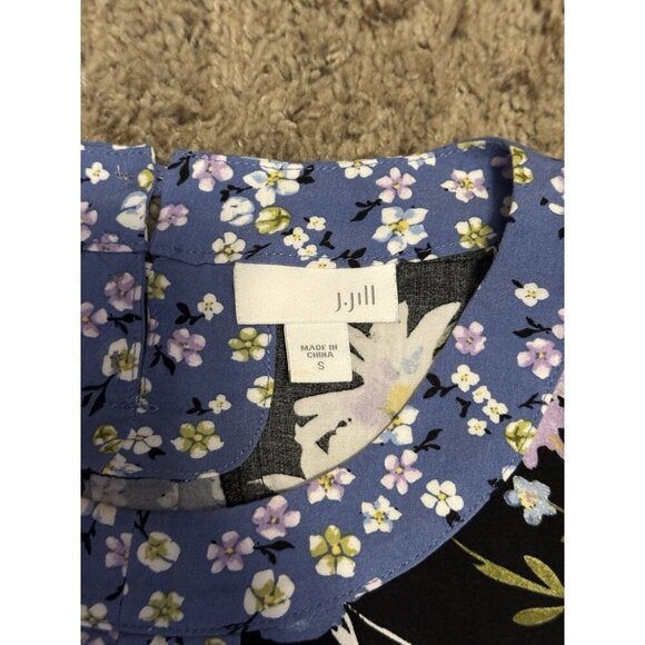 J Jill Shirt Dress Casual Boho Pleated Front Pockets Floral Blue Black Vacay S - Picture 3 of 9